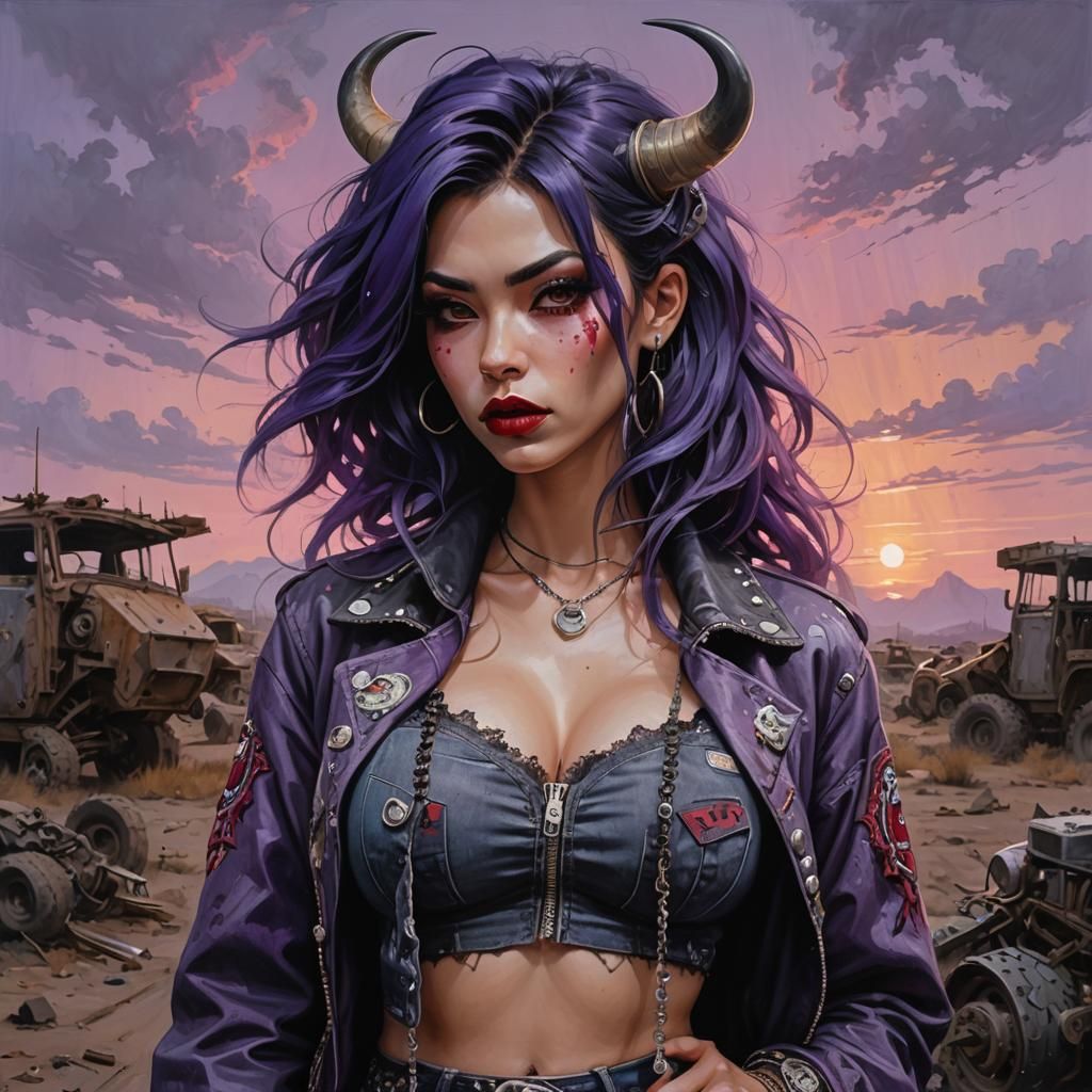 Bimbo Style Woman in Post-Apocalyptic Acrylic Painting