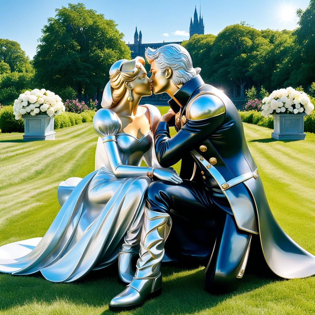 Glistening Platinum Wedding Sculpture of Kissing Figures