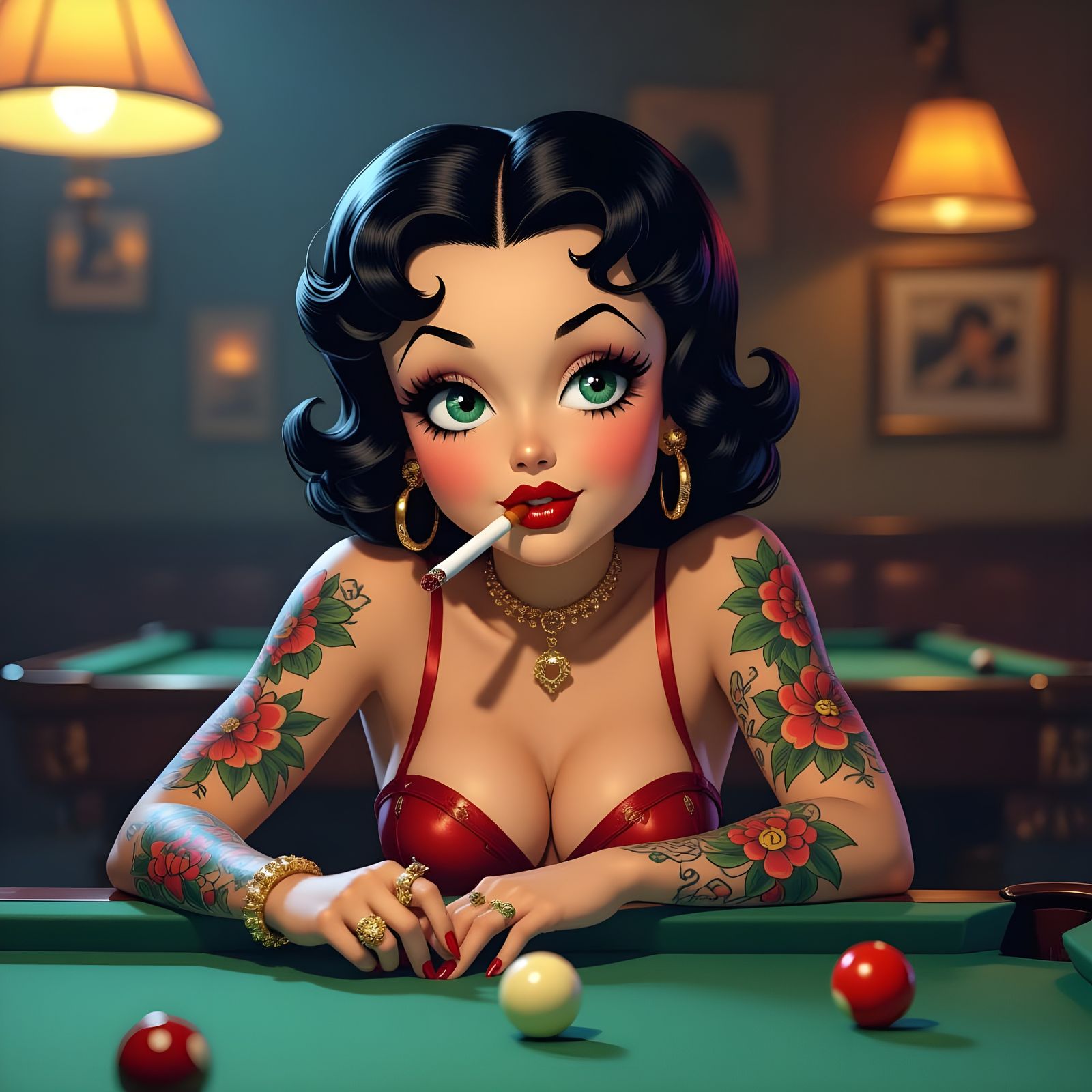 Betty Boop Pin-Up Girl Detailed Face with Tattoos Playing Po...