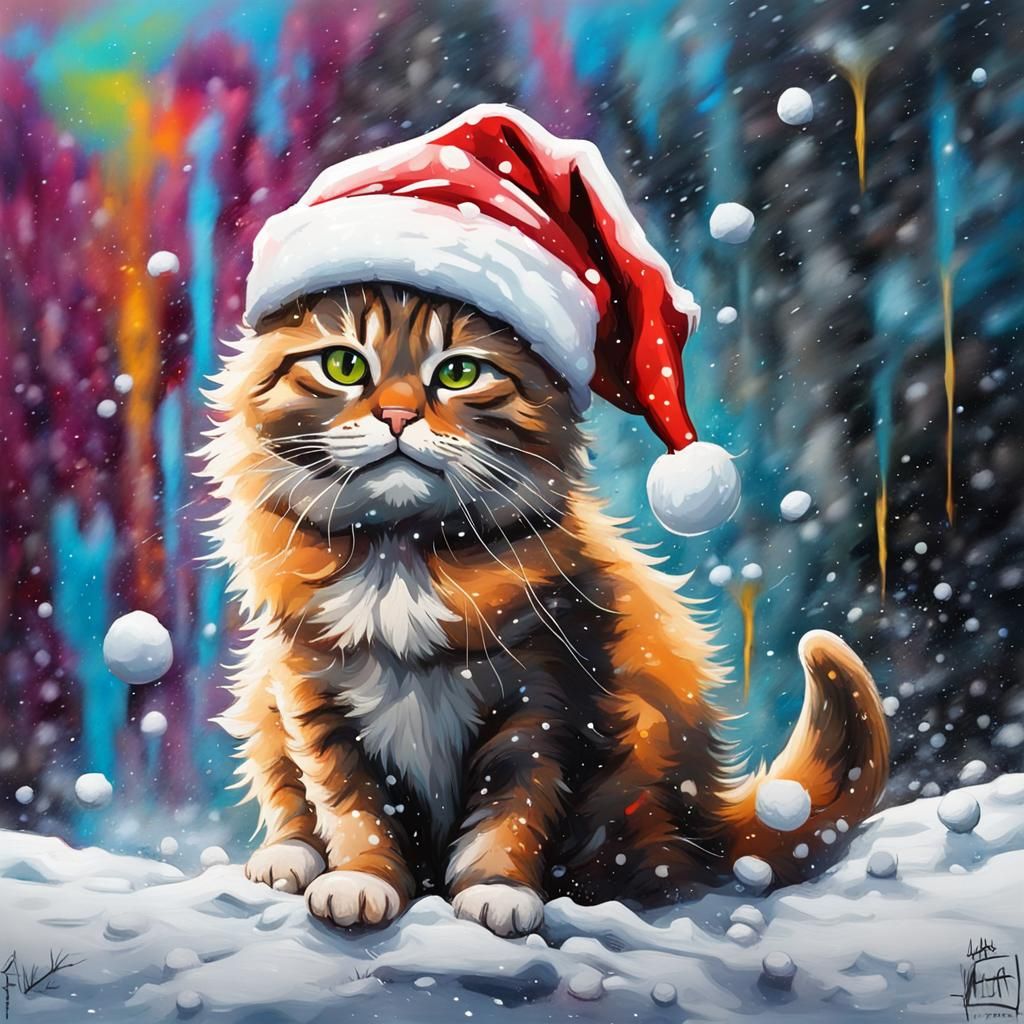 Festive Cat in Snow, Graffiti Art Style