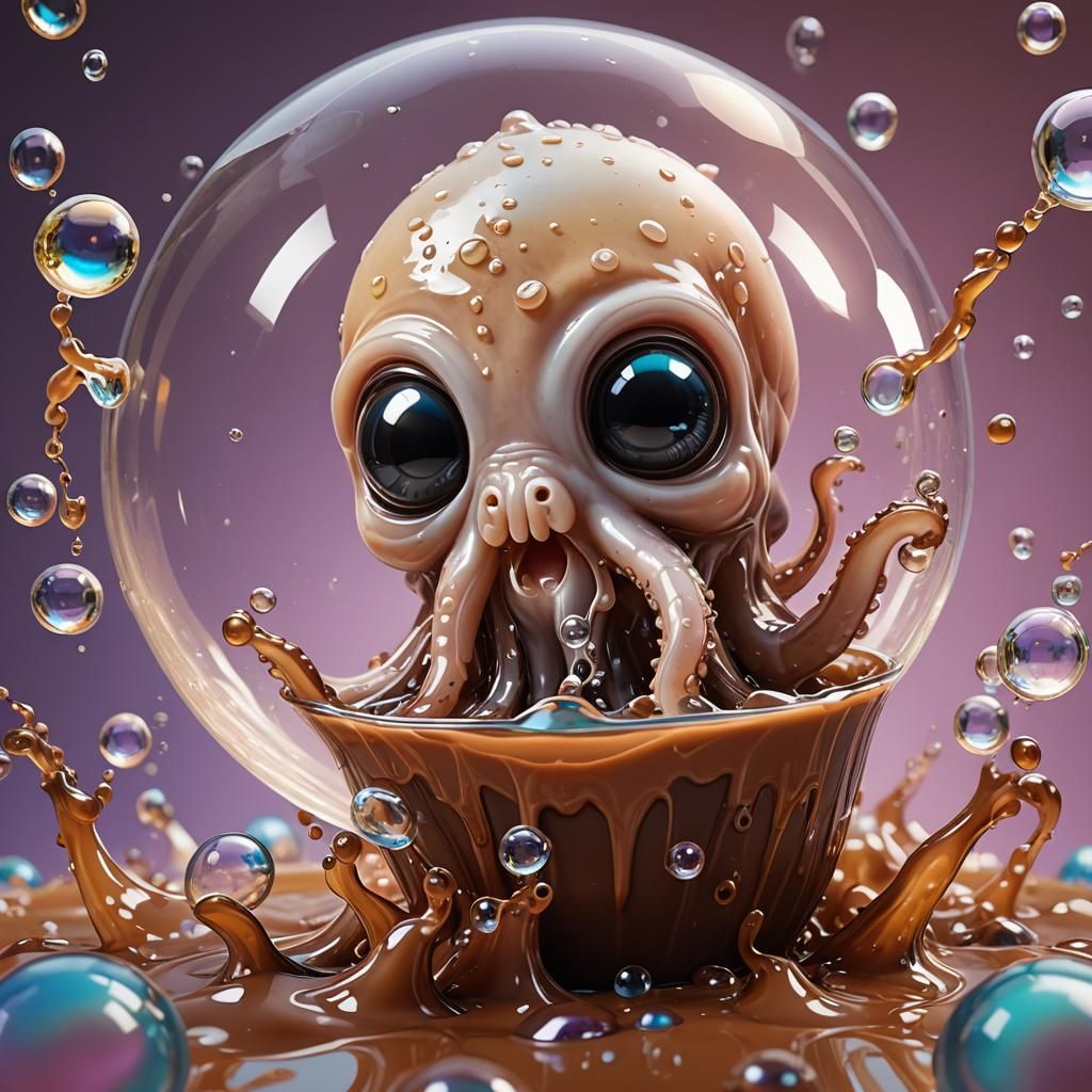 Baby Squid Sipping Chocolate Milk: Hyperrealistic Splash Art