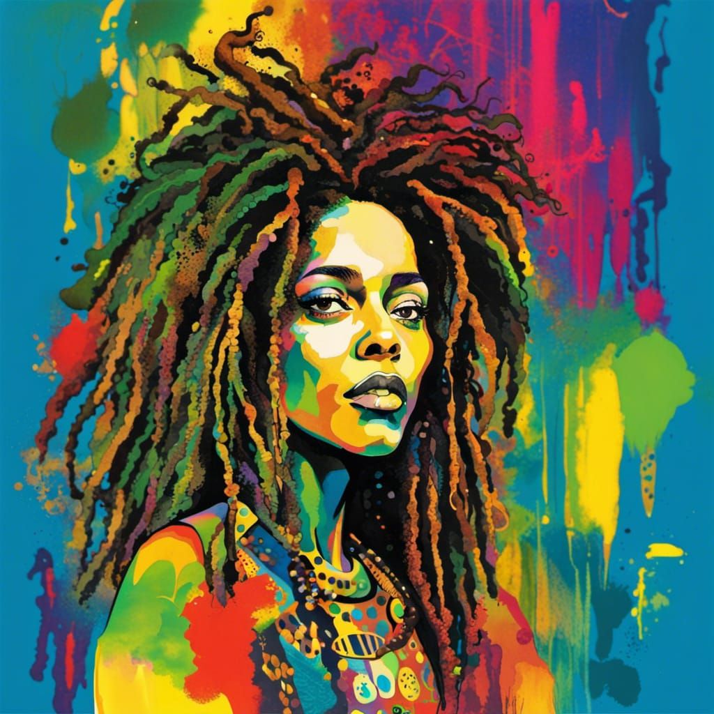 Psychedelic Rastafarian Woman Portrait in Pop Art Style