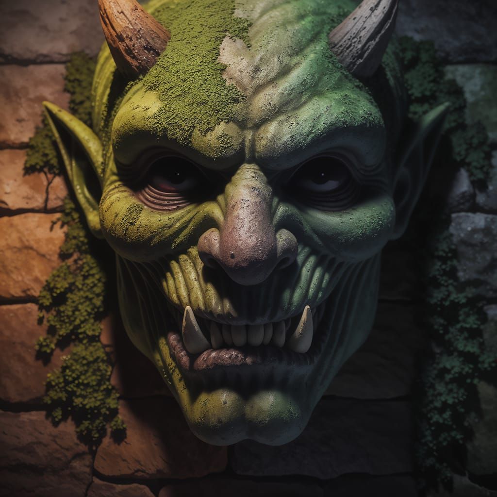 Moss-Covered Stone Wall Transforms into a Haunting Demon's F...