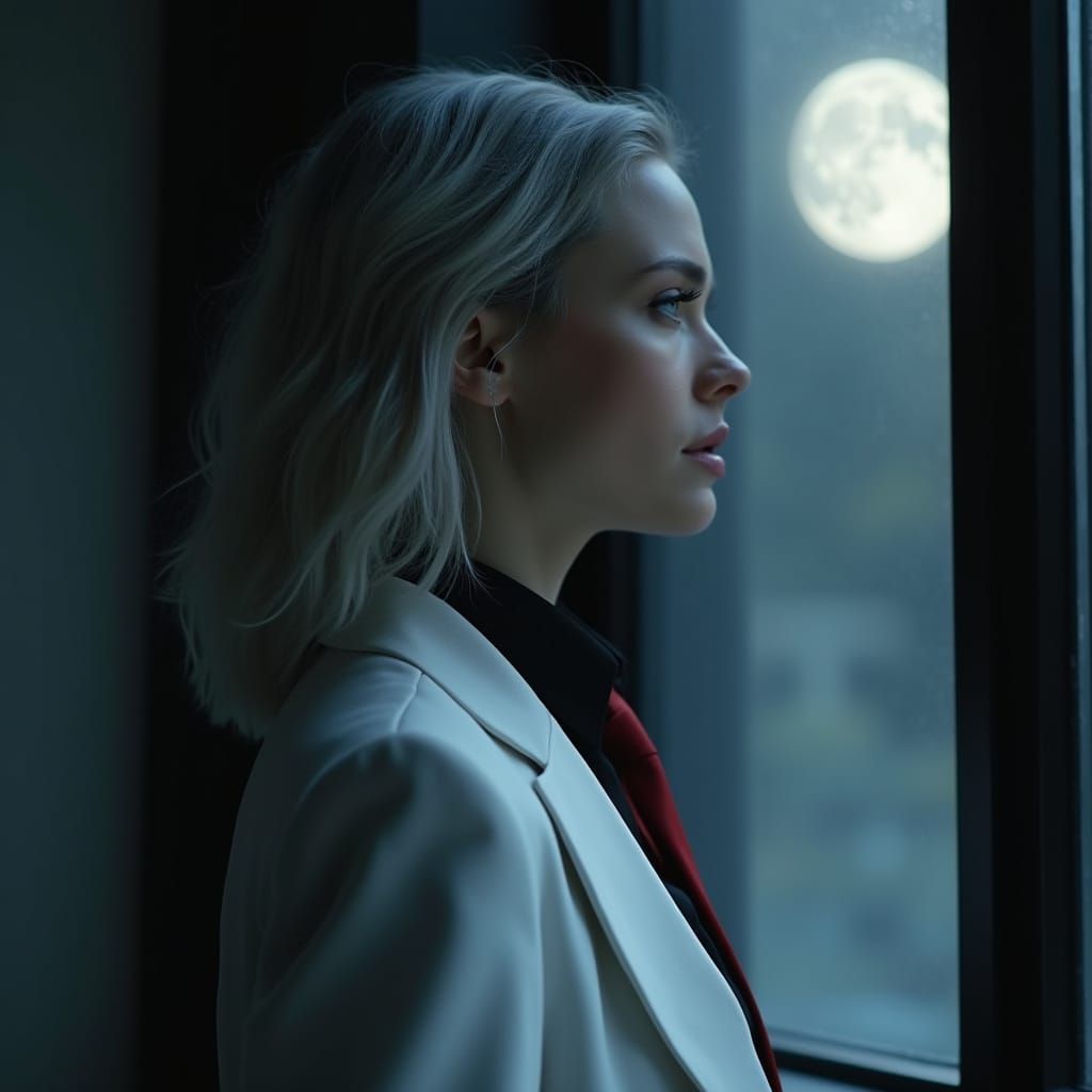 Elegant Woman Gazing at Moon in Atmospheric Portrait