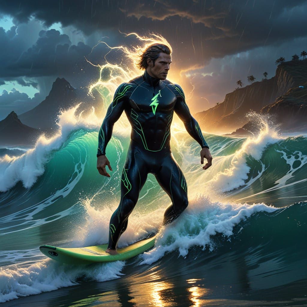 Cyberpunk Surfer Conquers Turquoise Rage Wave in Lightning S...