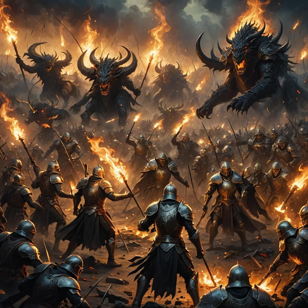 Epic Battle Between Light and Darkness in Oil Painting