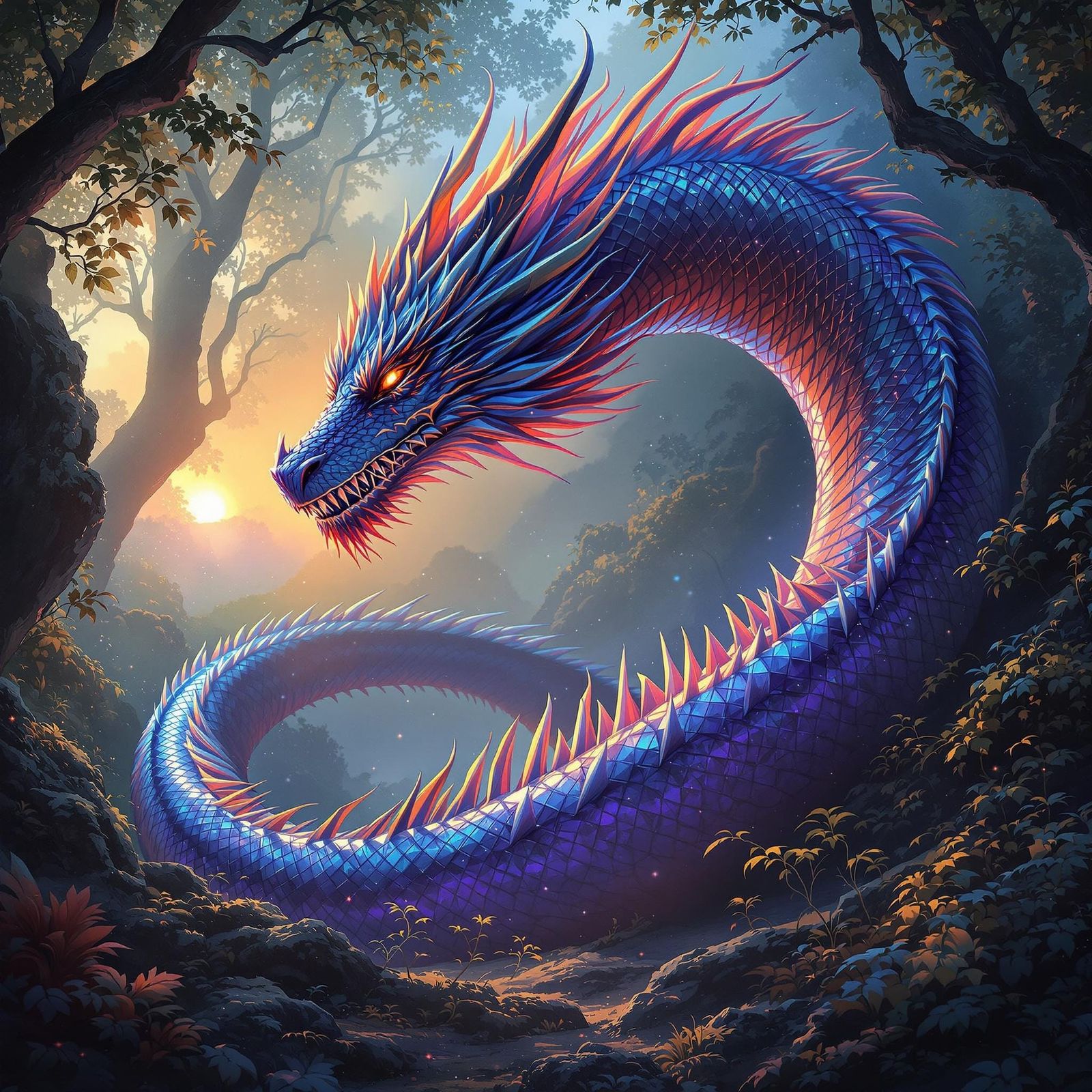 Mystical, Iridescent Dragon Emerges from Ancient Forest