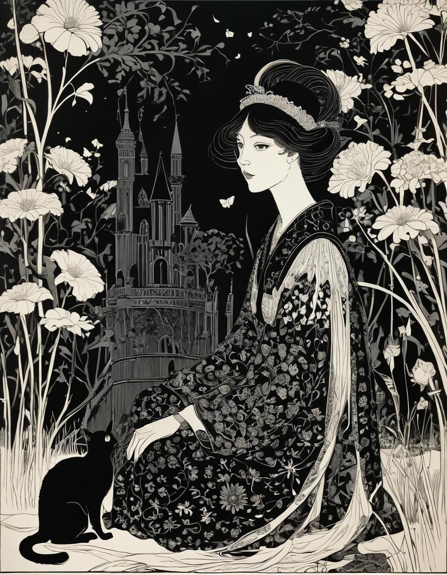 Black Cat in Aubrey Beardsley Style