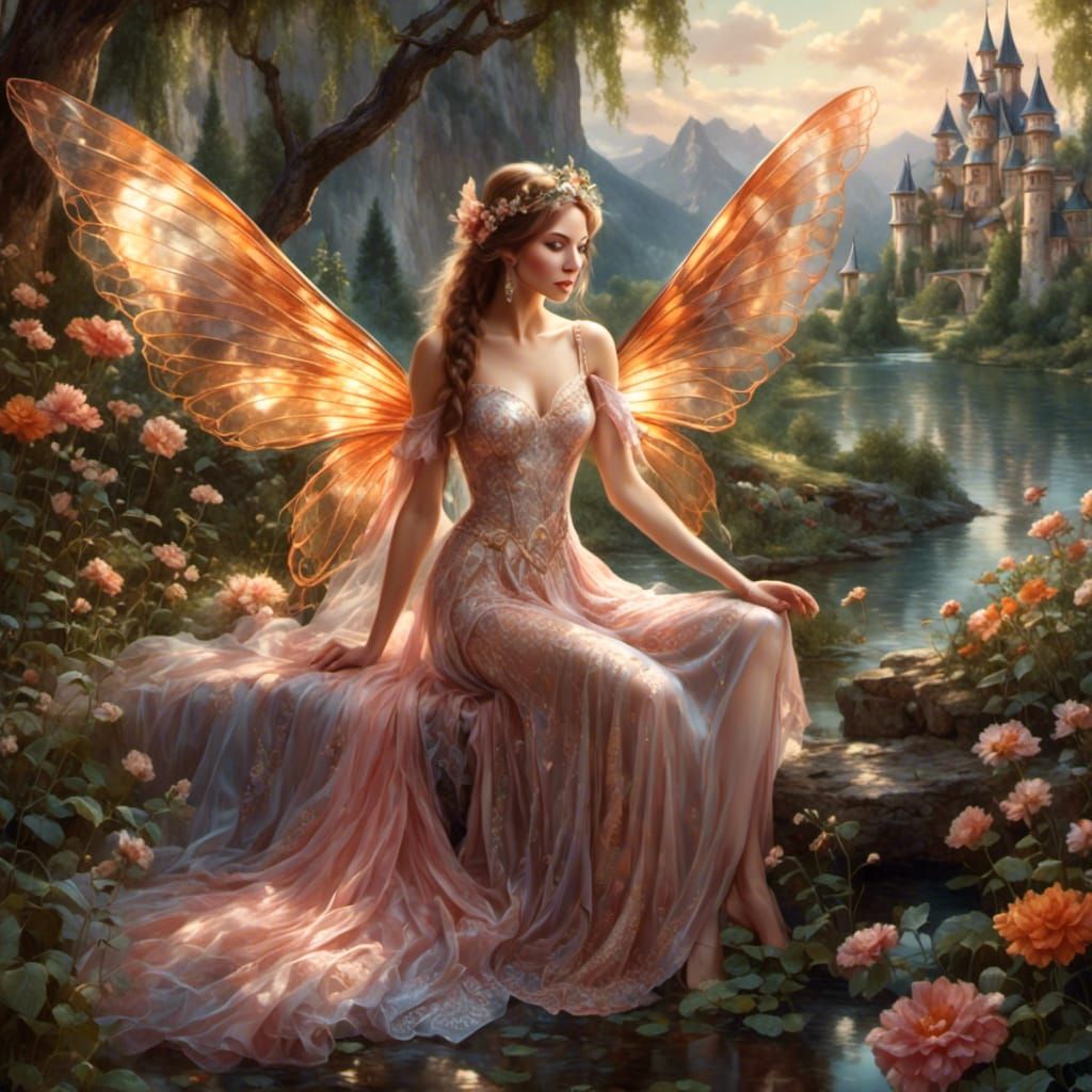 Beautiful Fairy with Large Wings in Fantasy Setting