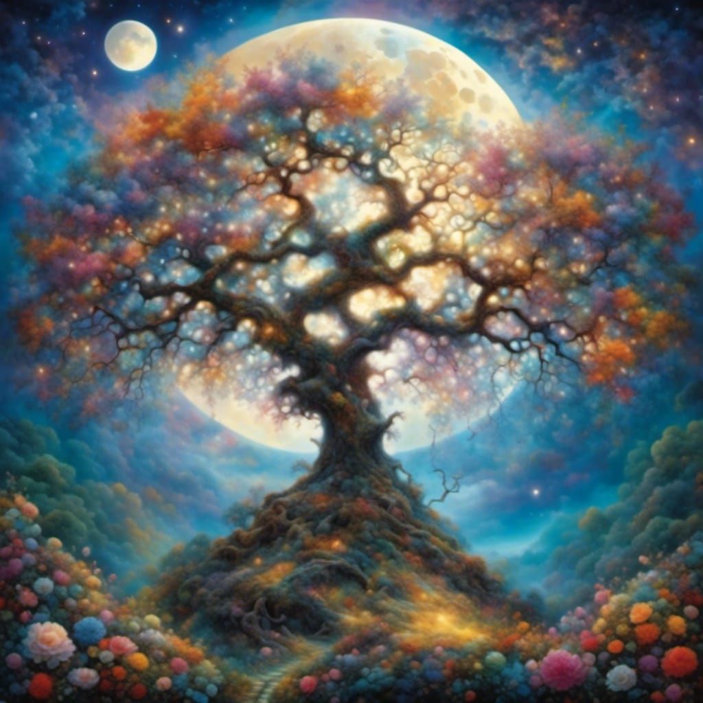 Mystical Tree and Moonlit Sky in Garden