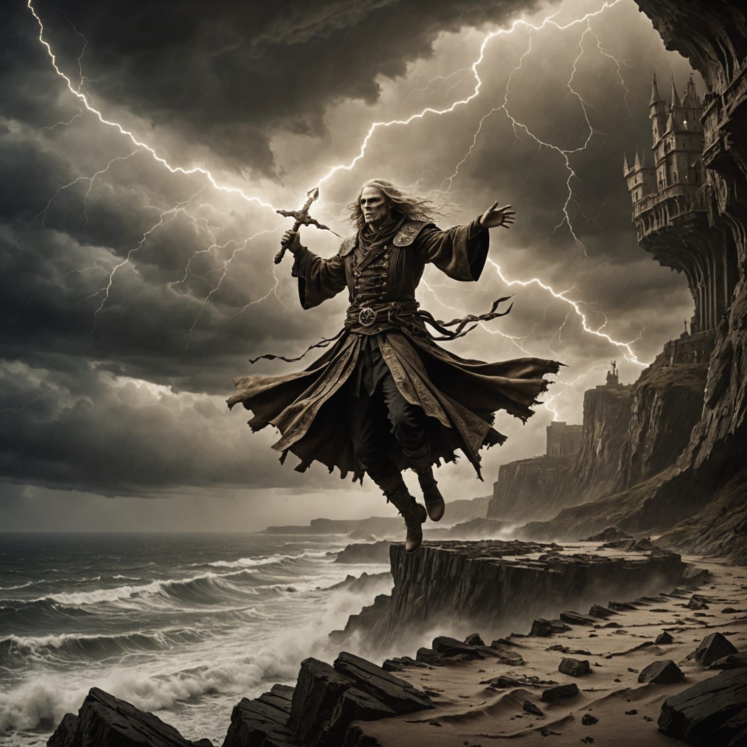 Skeletal Mage Wielding Magic in Stormy Sepia Vista