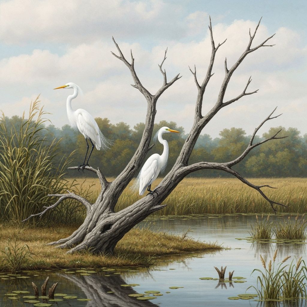 Majestic Egrets in Acrylic Landscape: Dead Tree by Marsh