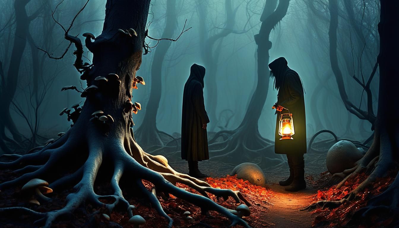Mystical Forest Figure with Lantern in Surreal Style