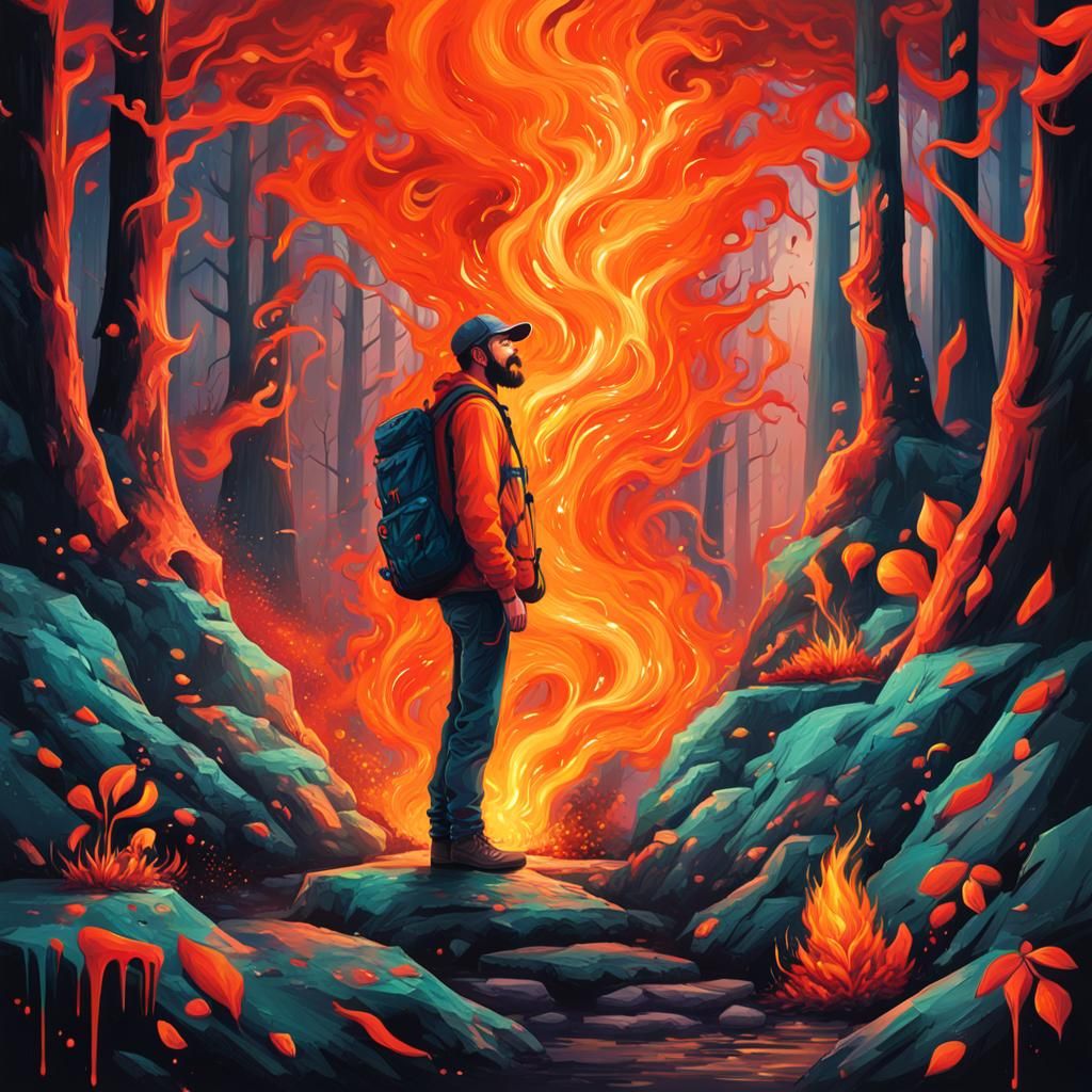 Fiery Forest Landscape with Man in Graffiti Art Style