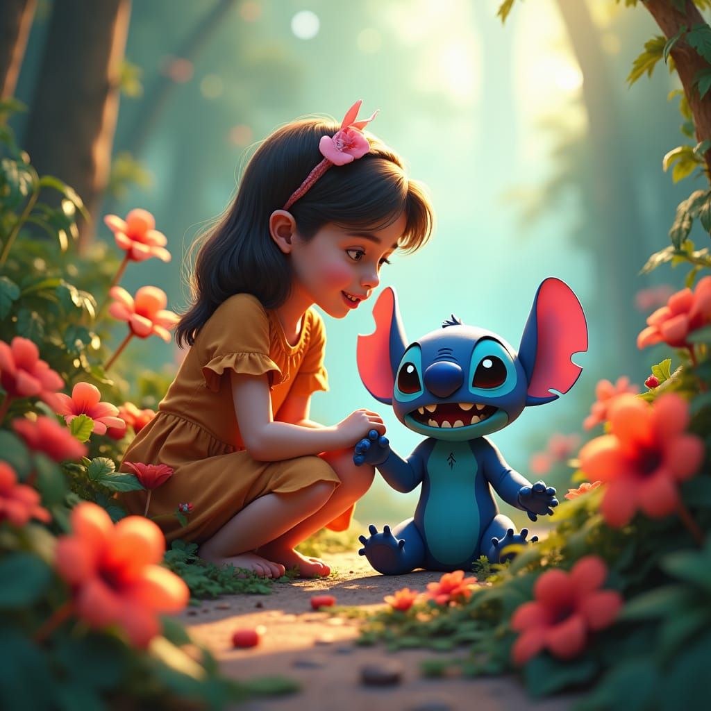 Girl and Stitch in a Dreamlike Landscape