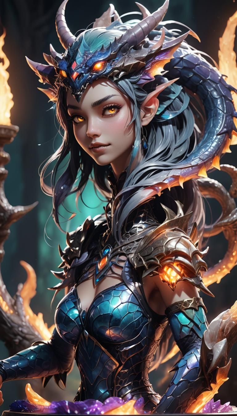 Monster Girl Portrait on Mystical Pedestal in 3D Anime Style