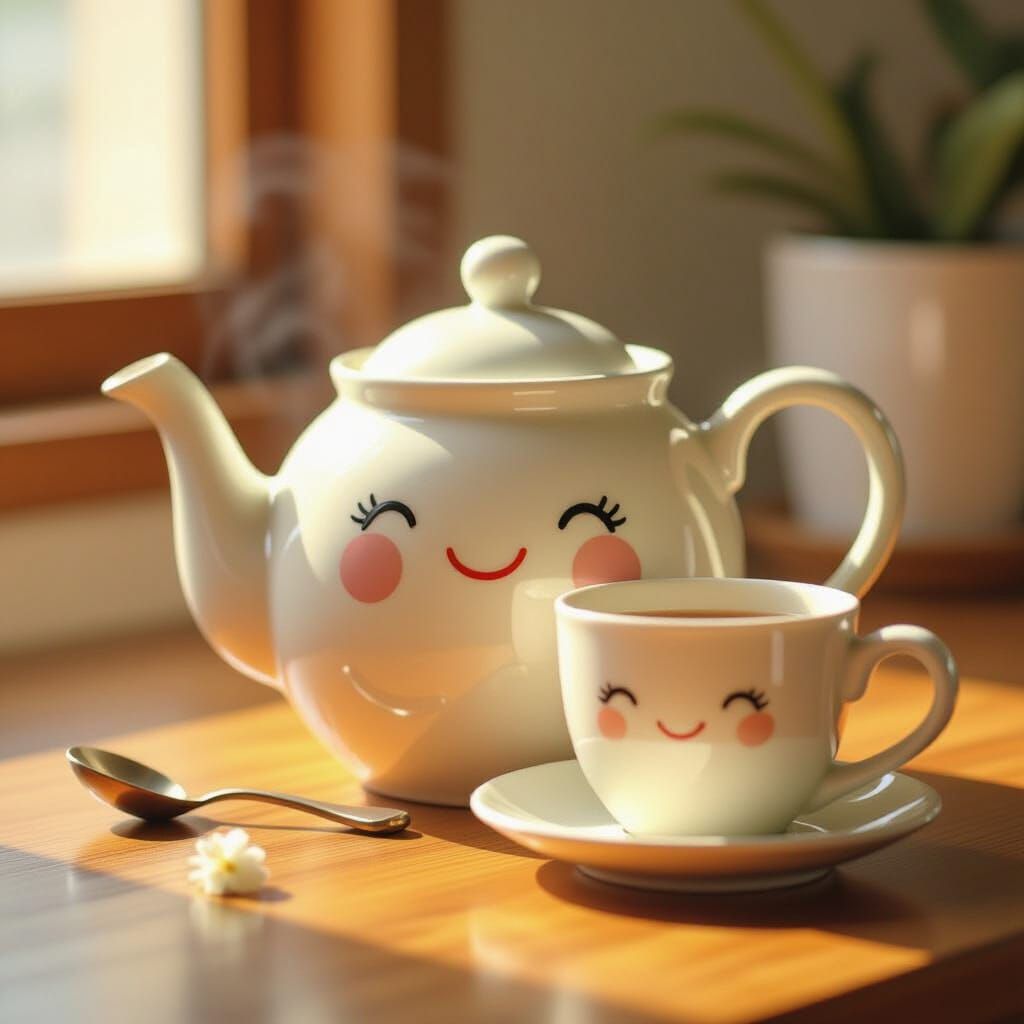Smiling Ceramic Teapot and Cup in Whimsical Style