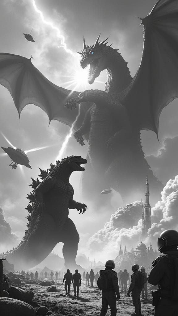 Godzilla vs. King Ghidorah: Kaiju Clash in Monochrome