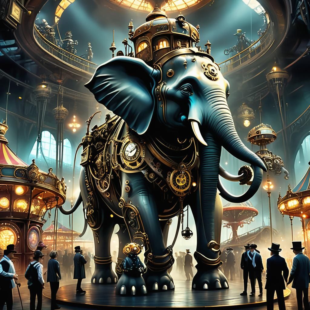 Steampunk Clockwork Elephant in Misty Amusement Park