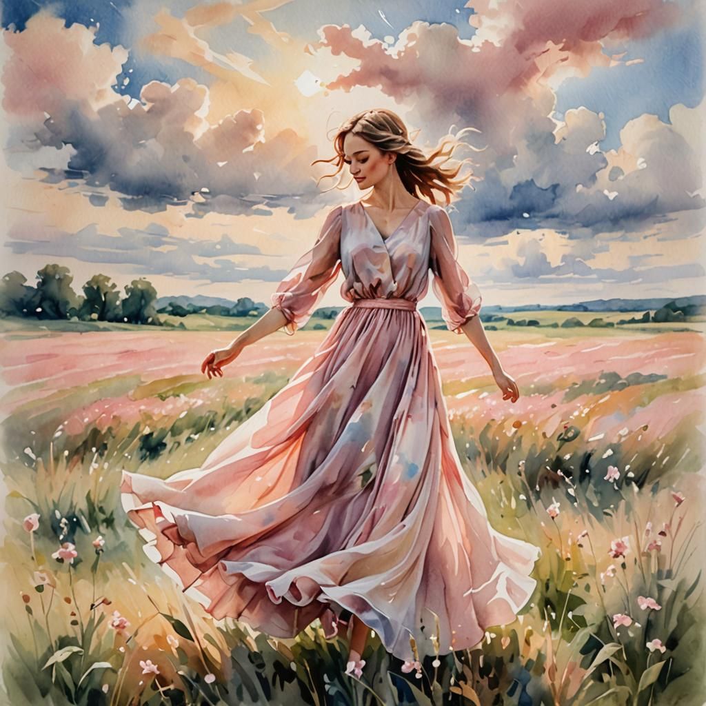 Girl in Pink Dress Twirling, Watercolor Impressionism