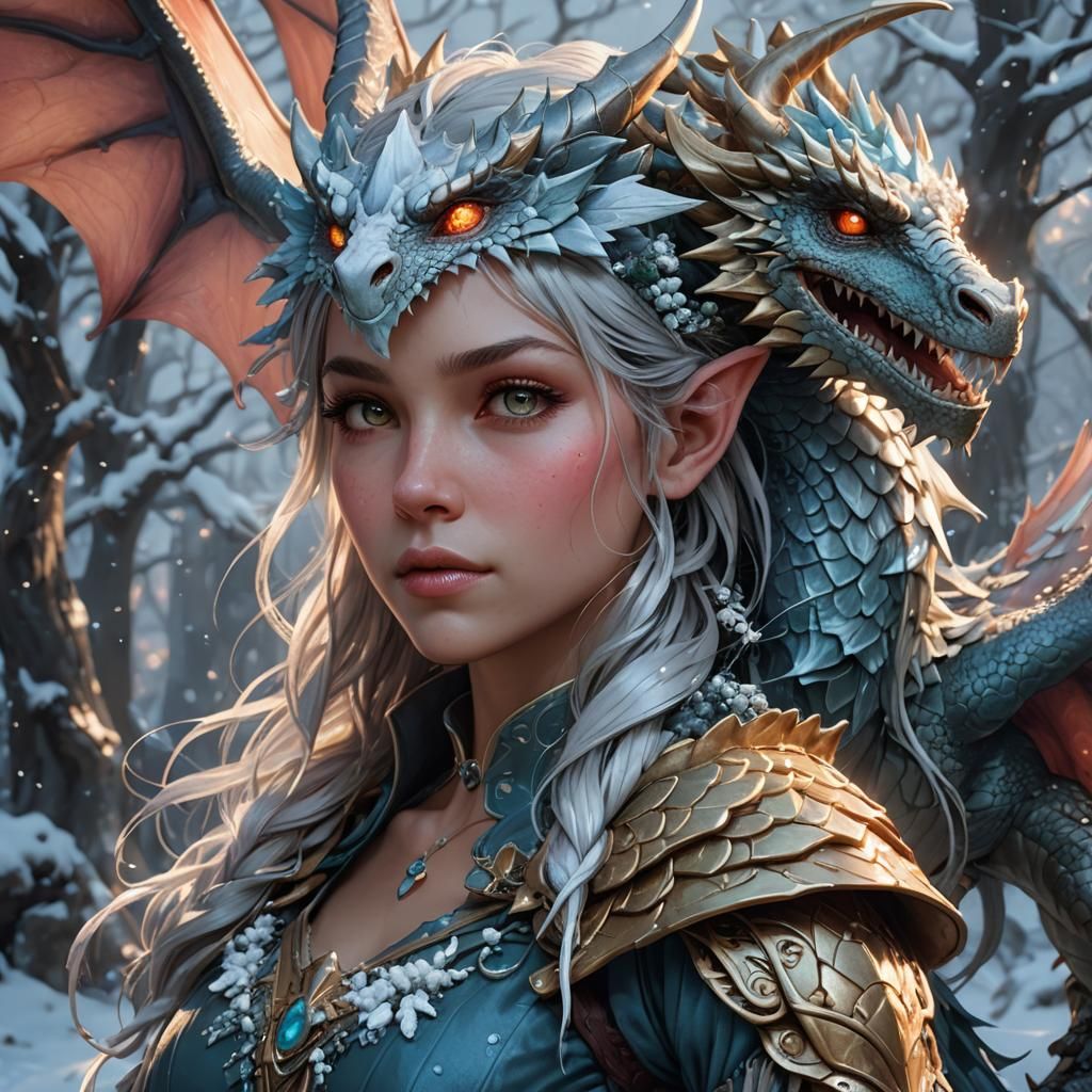 Winter Fairy and Dragon Portrait in Art Nouveau Style