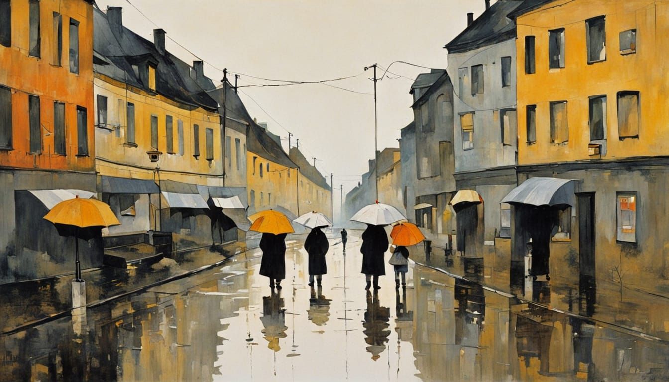 Rainy Street Scene in Abstract Art Style