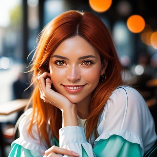 Smiling French Woman in Cafe Sunlight