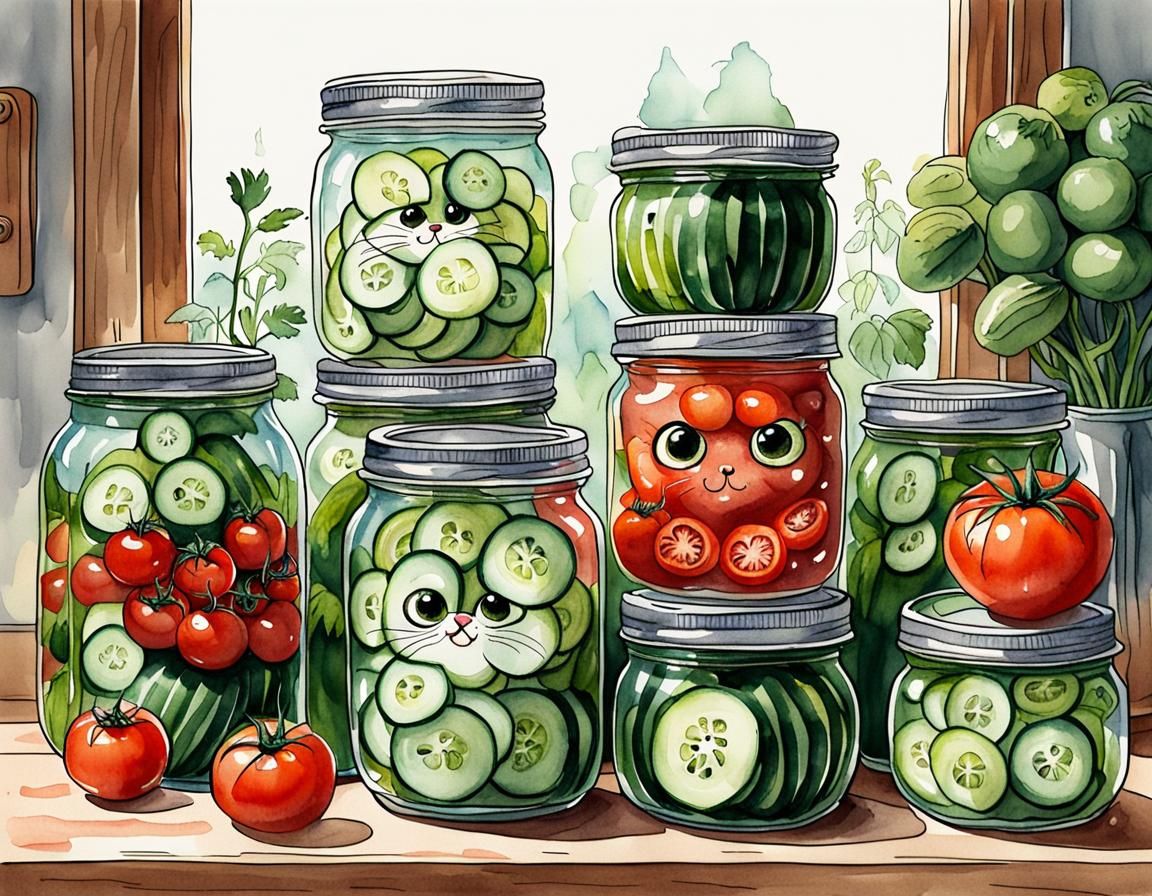 Funny Big-Eyed Vegetables in Jars, Watercolor Cartoon