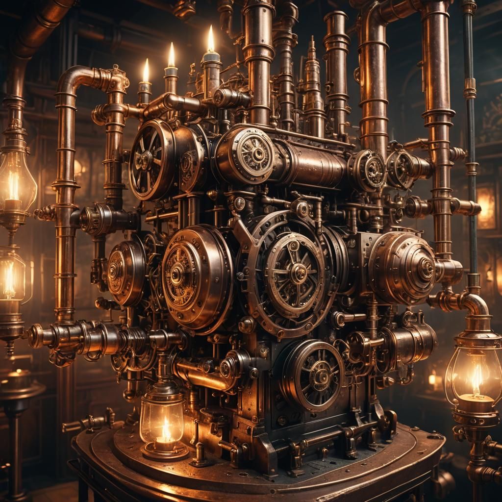 Steampunk Engine with Clockwork Candle in 8k