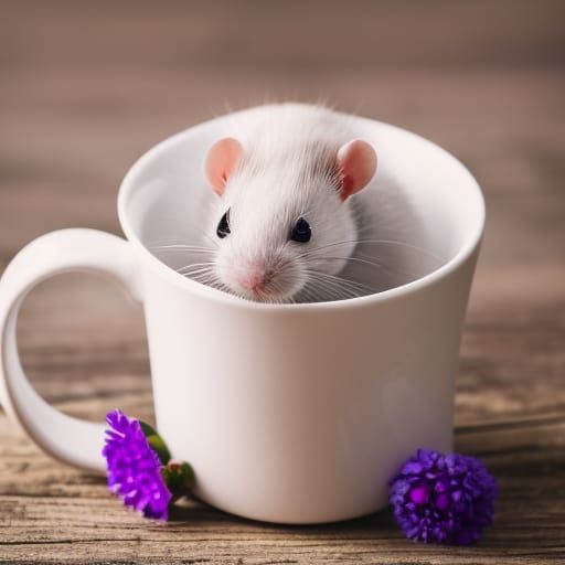 Cute white rat in a mug with purple flowers
