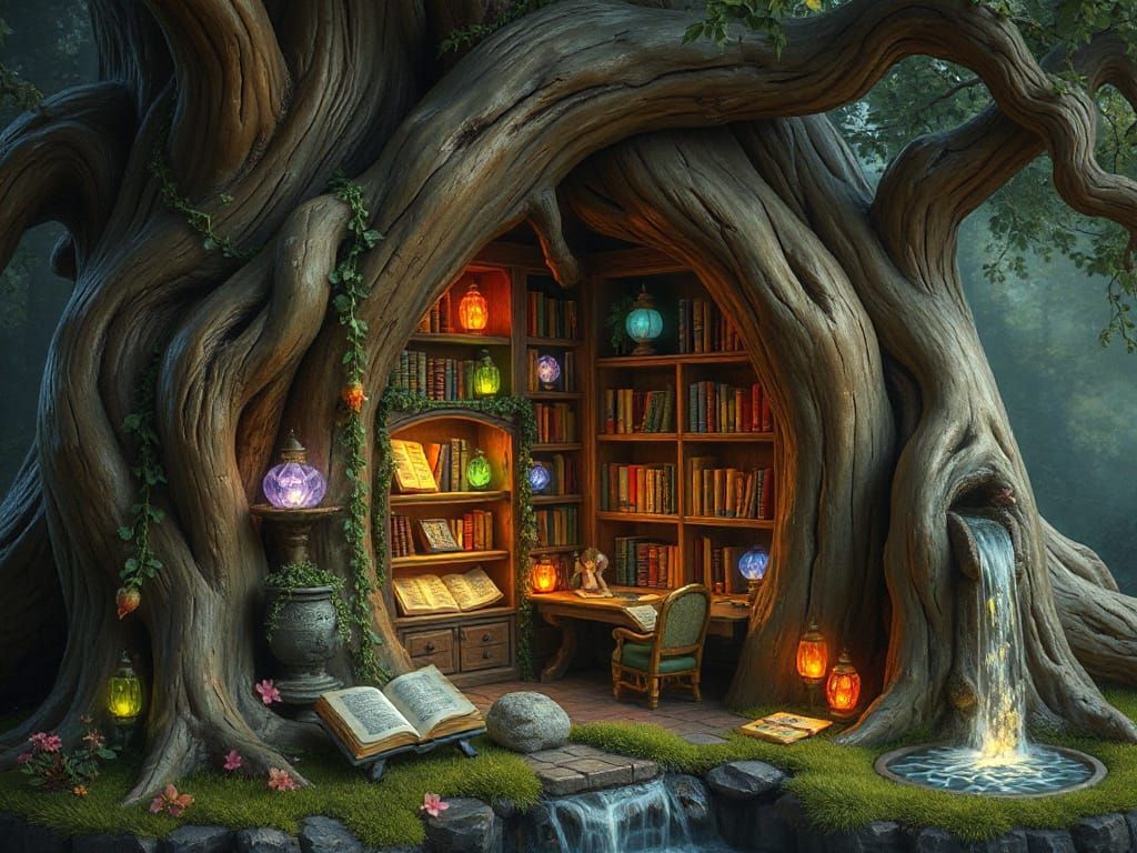 Whimsical Fairy Library Inside an Enchanted Oak Tree