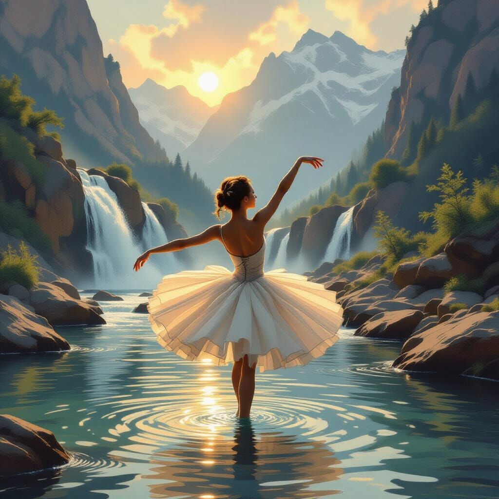 Ballerina Dancing in Mountain River with Rembrandt Glow