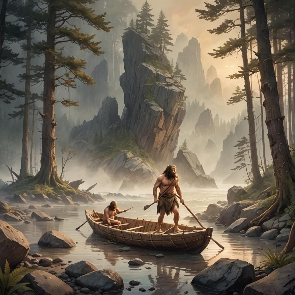 Caveman Builds First Boat: Watercolor Concept Art