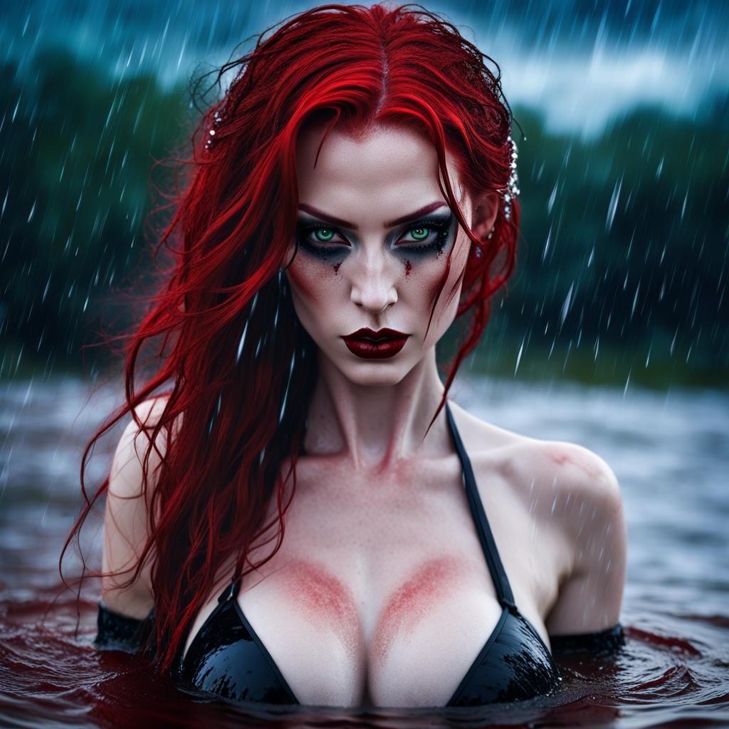 Gothic Vampire in Red Lake Amidst Storm