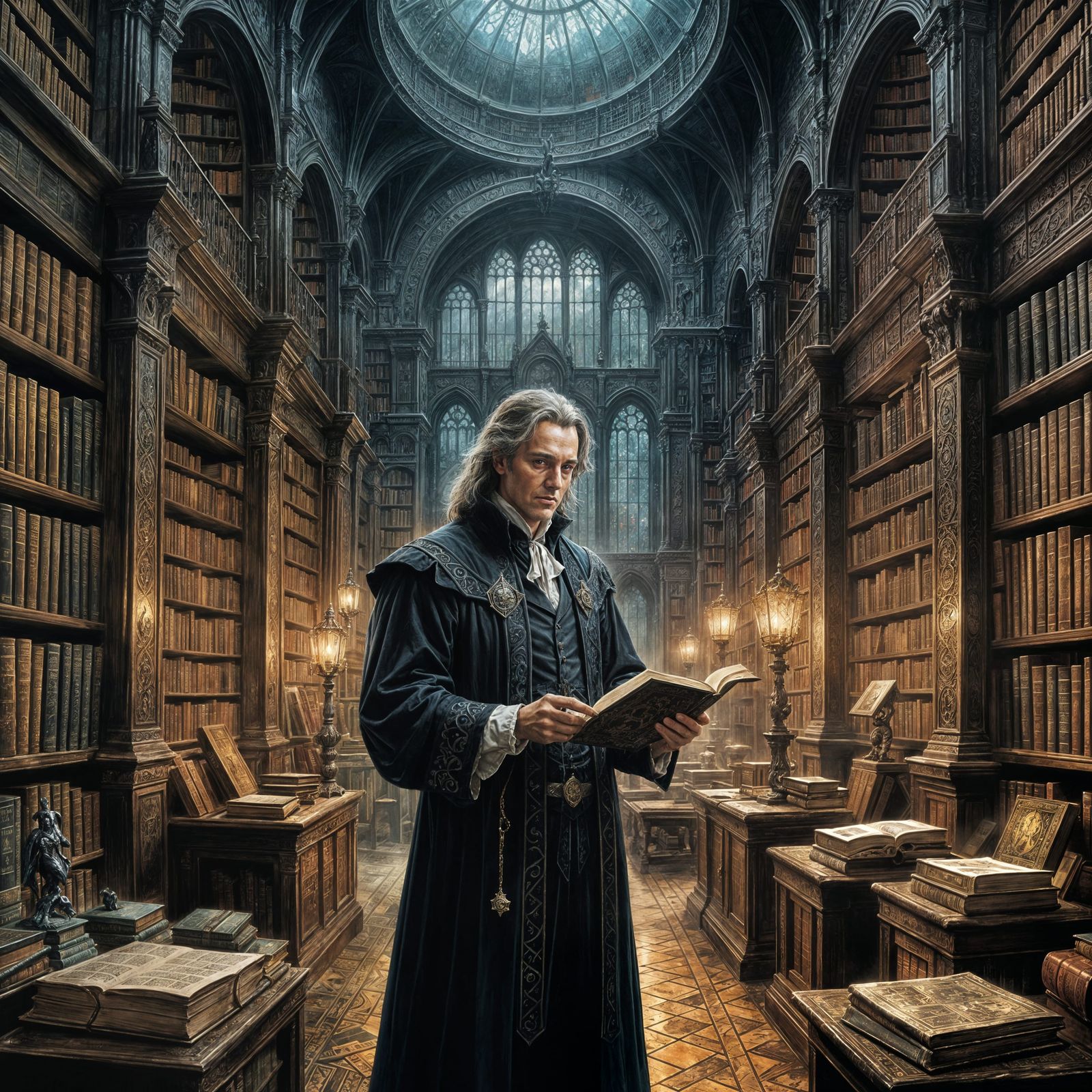 Magic Academy Librarian in Dark Fantasy Library