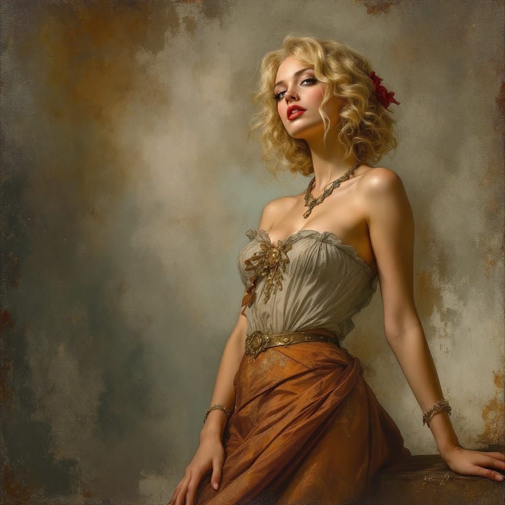 1950s Pin Up Woman in Tonalist Oil Painting Style