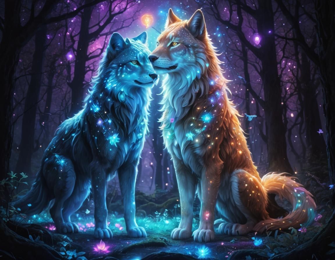 Mystical Creature and Bioluminescent Tree in Pointillism Sty...