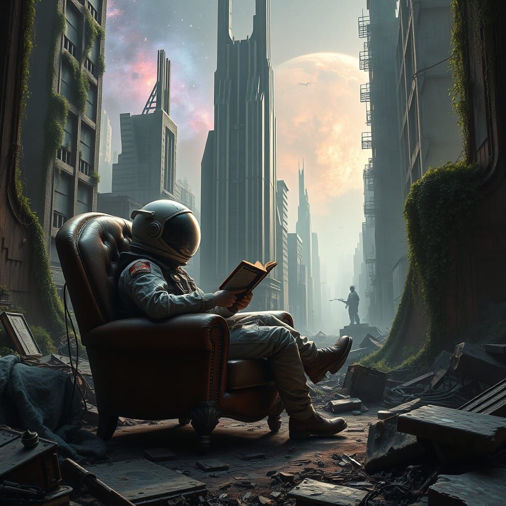 Astronaut Reading in Post-Apocalyptic City Ruins
