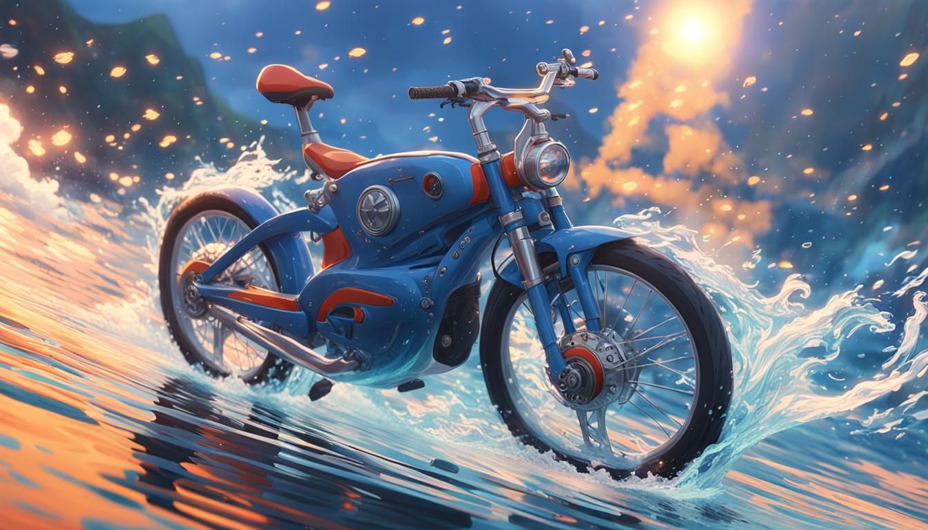 Anime Bicycle with Indigo Flames on Water