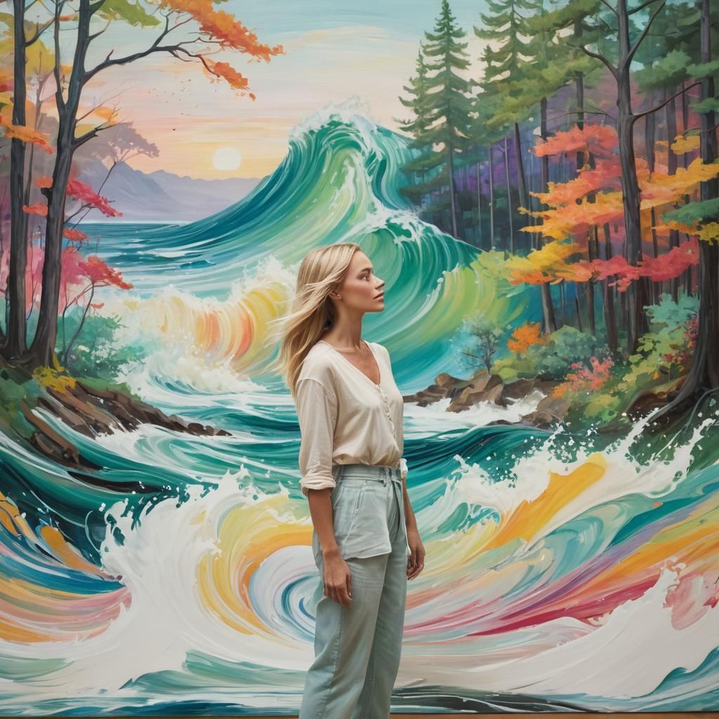 Abstract Artist Painting Swirling Landscapes with Iridescent...