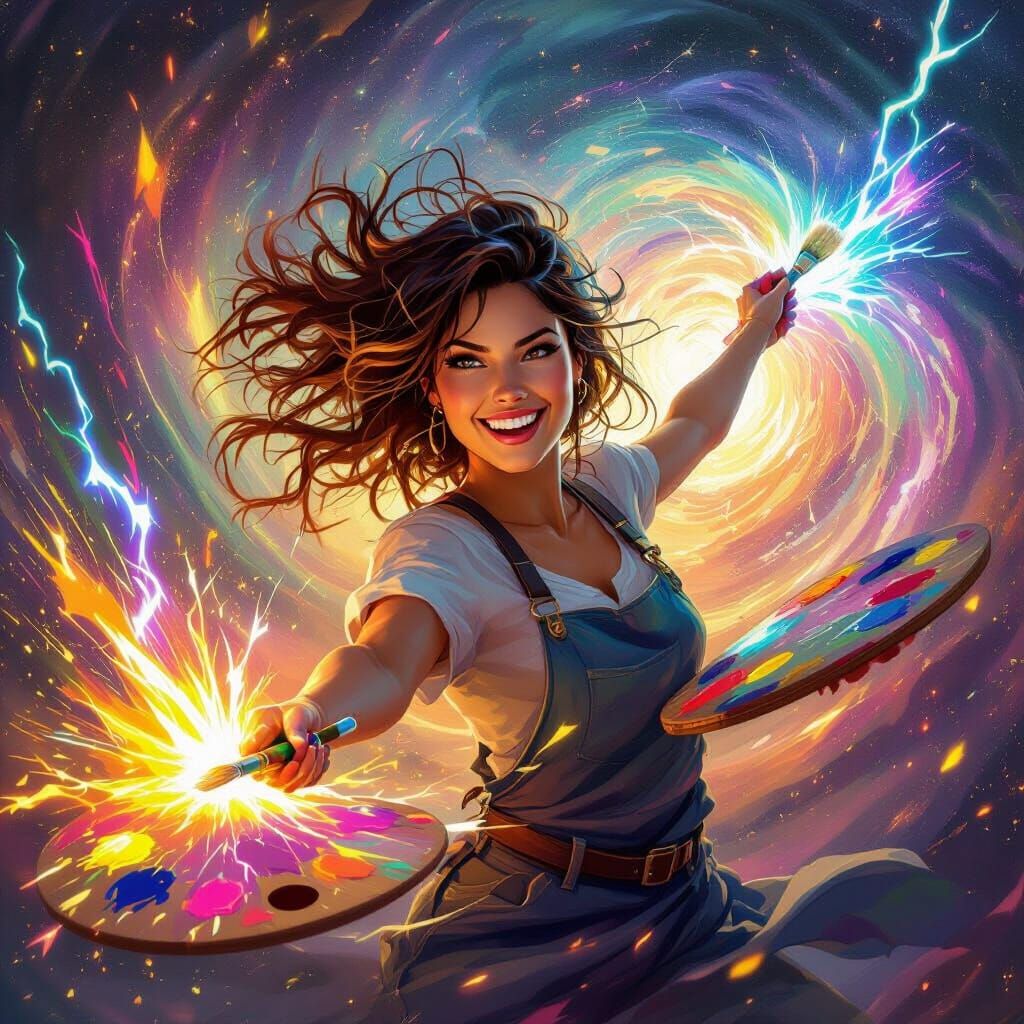Joyful Artist Flings Cosmic Lightning Paint