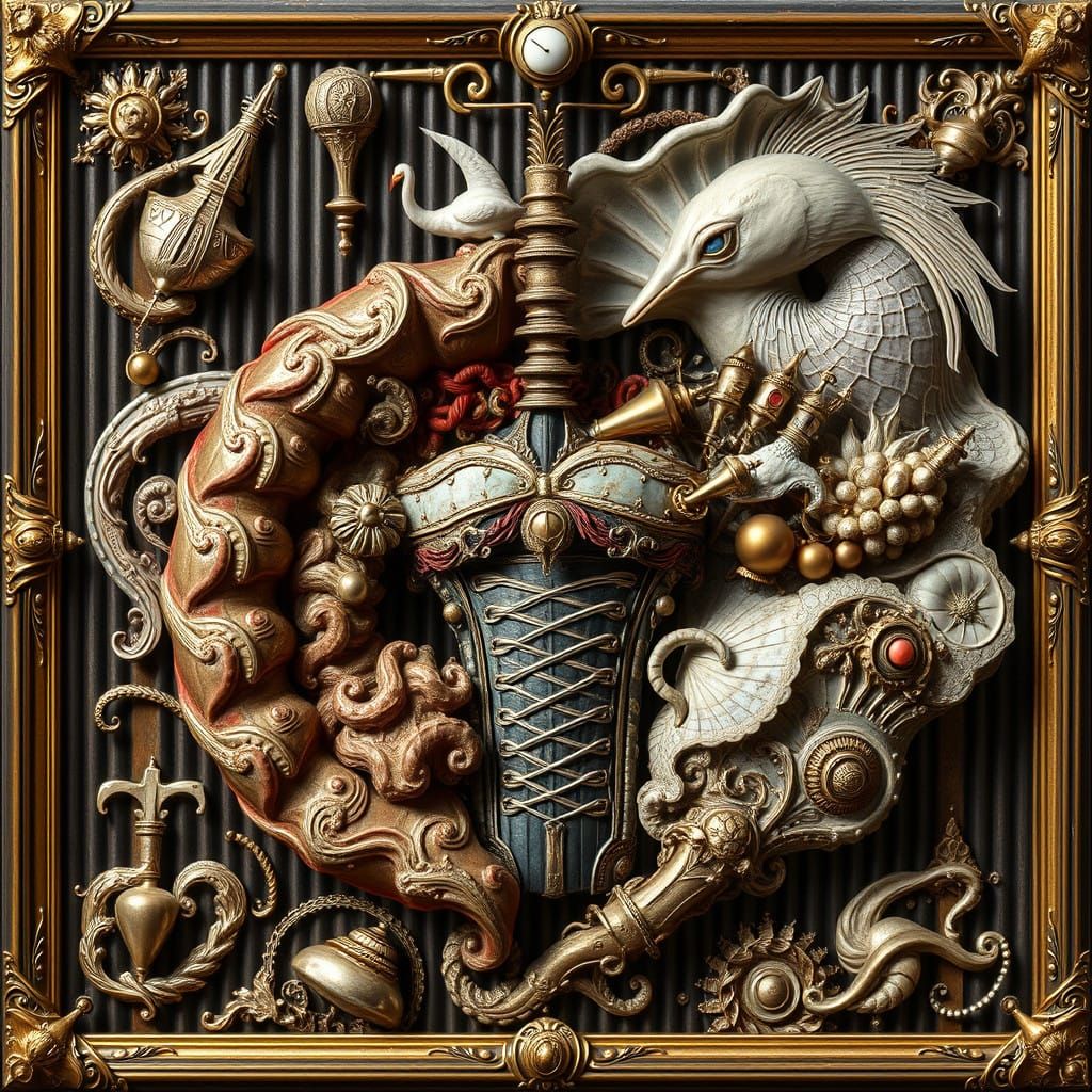 Surreal Metaphysical Painting of a Nautilus in Rococo Corset