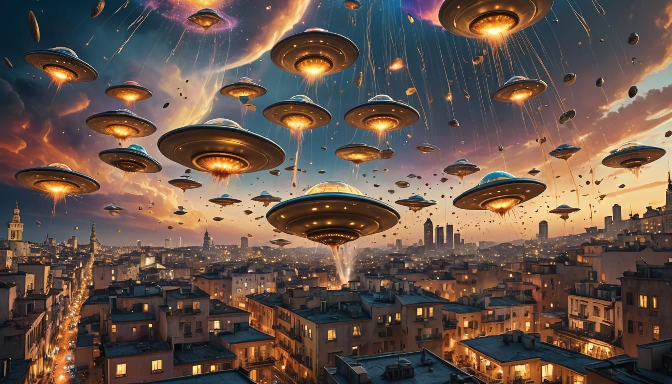 Surreal Flying Saucer Invasion in Electric Colors