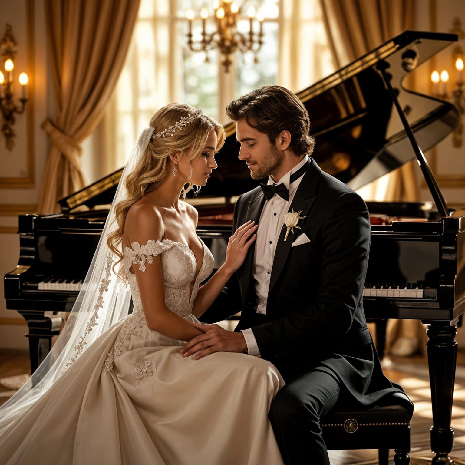 Couple in Love Singing Heartfelt Duet at Grand Piano