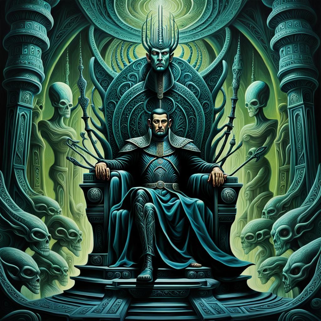 Romulan Emperor on Throne in Surreal Oil Painting