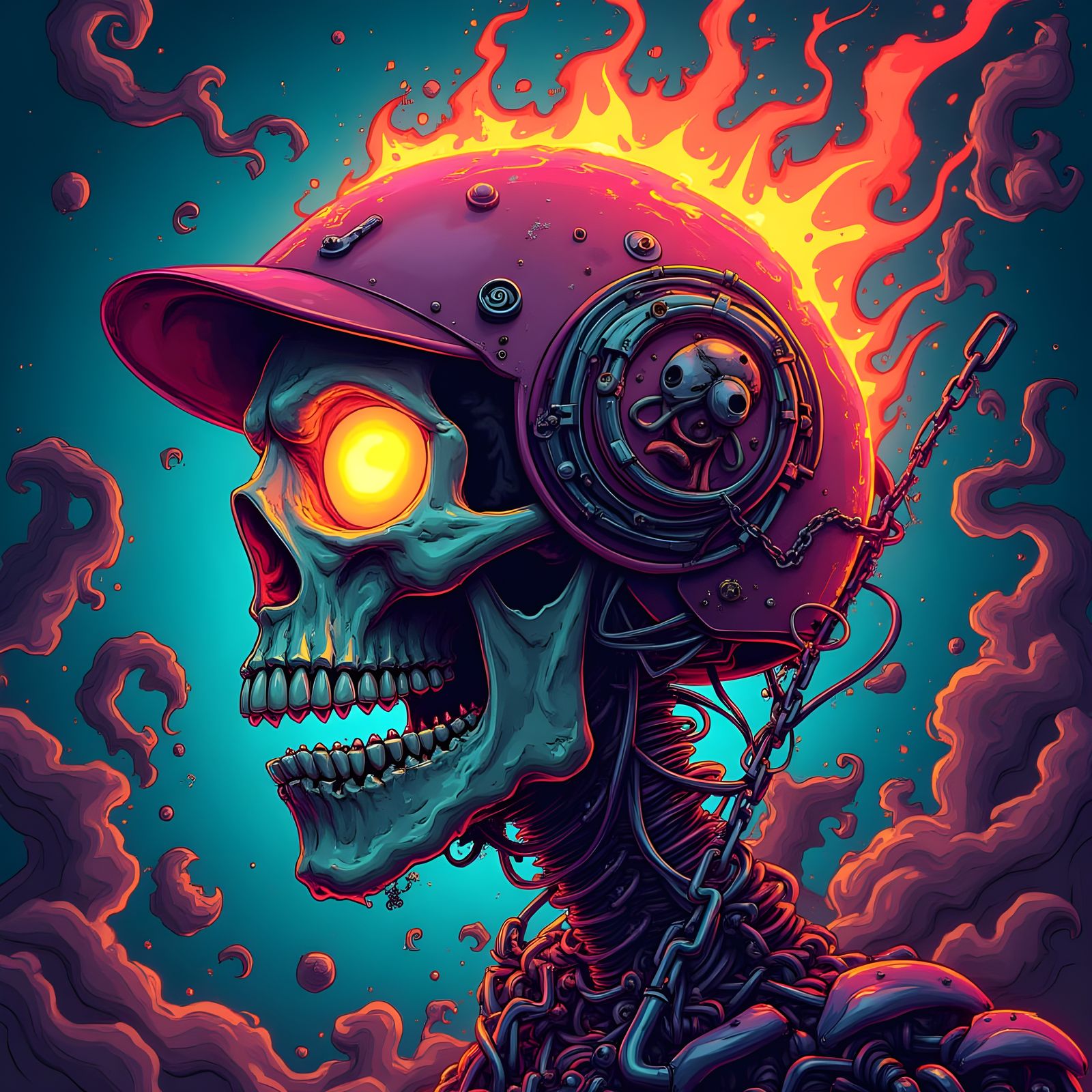 Biker Skull with Flaming Helmet in Cyberpunk Style