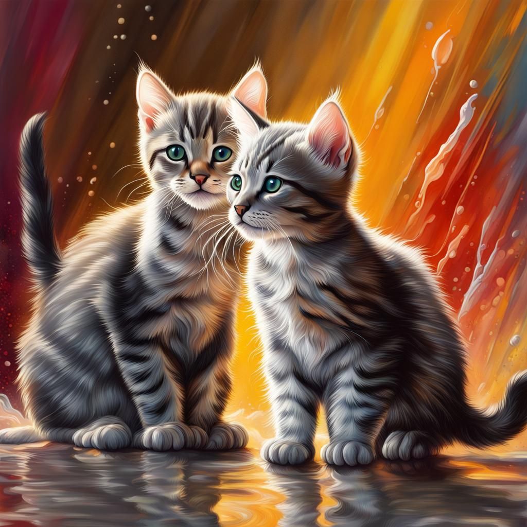 Gray Tabby Kittens in Hyperrealistic Splash Art