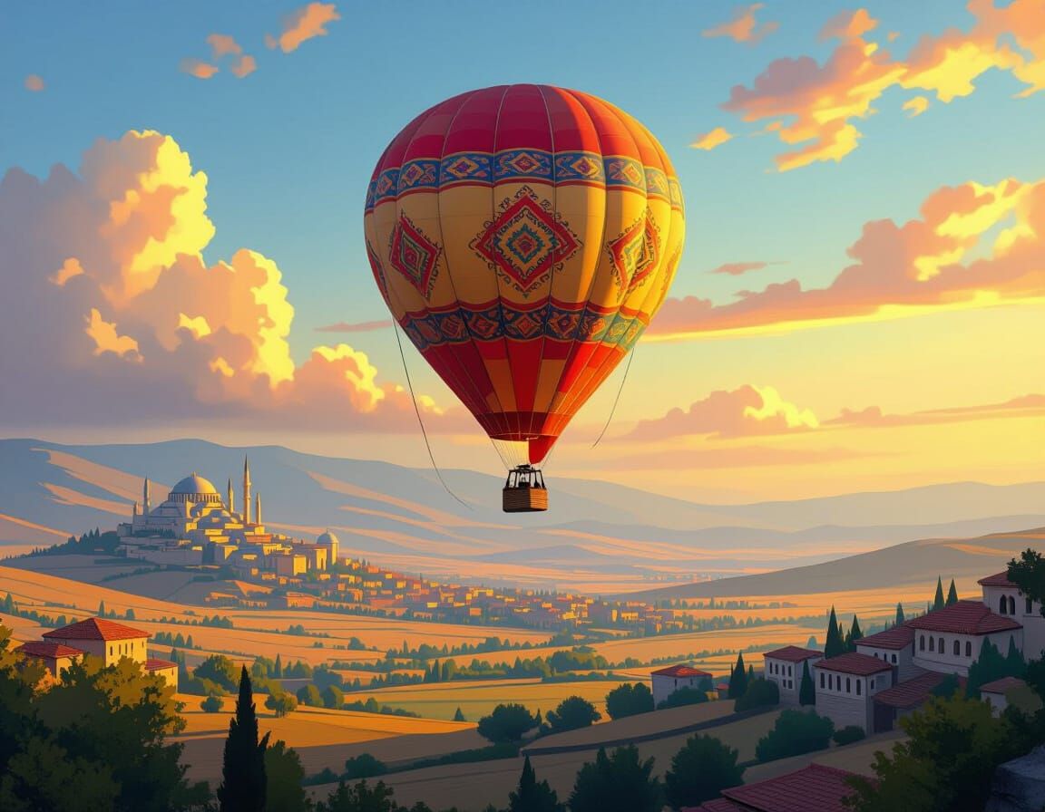 Hot Air Balloon Soaring Over Turkish Landscape