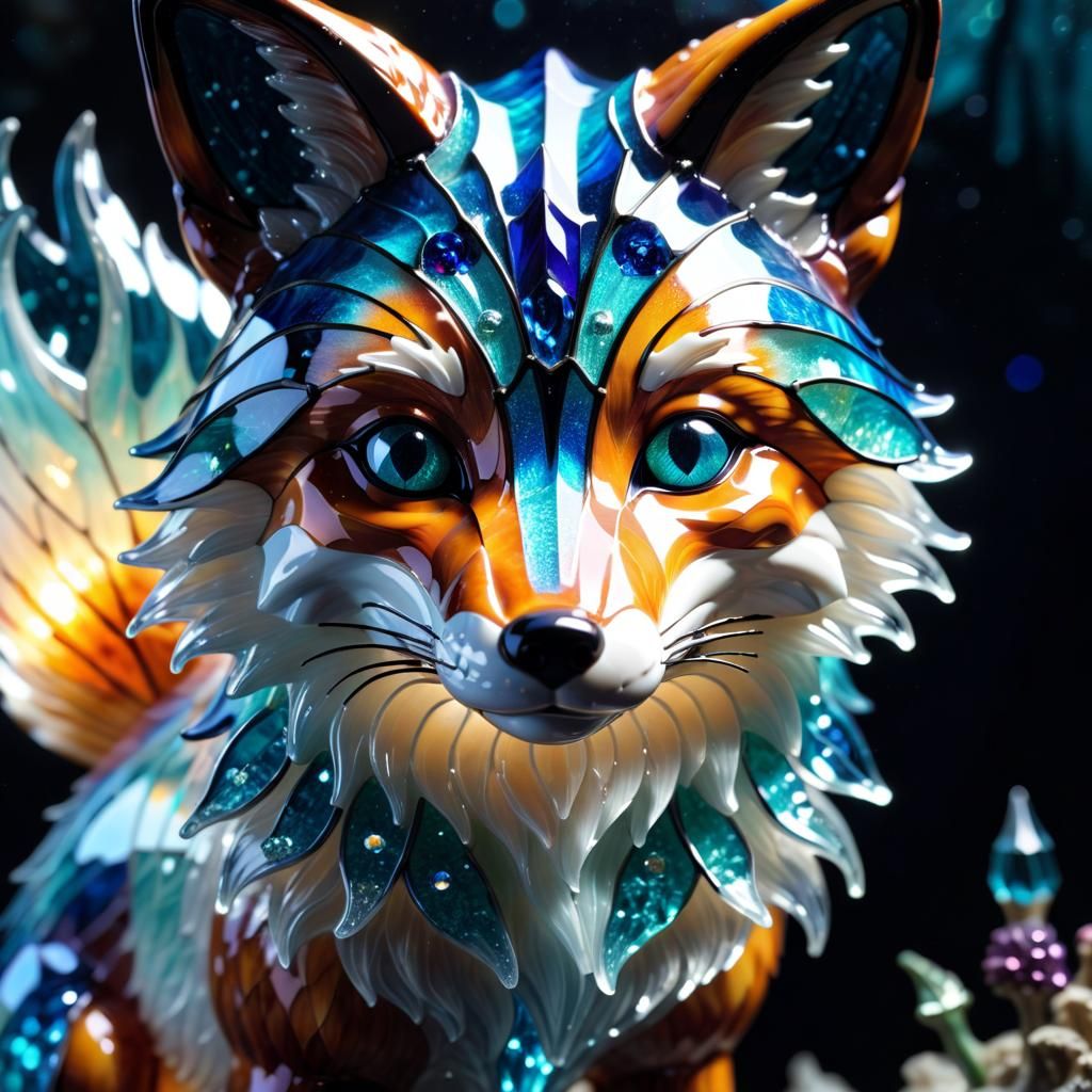Bioluminescent Crystal Fox in Stained Glass Style