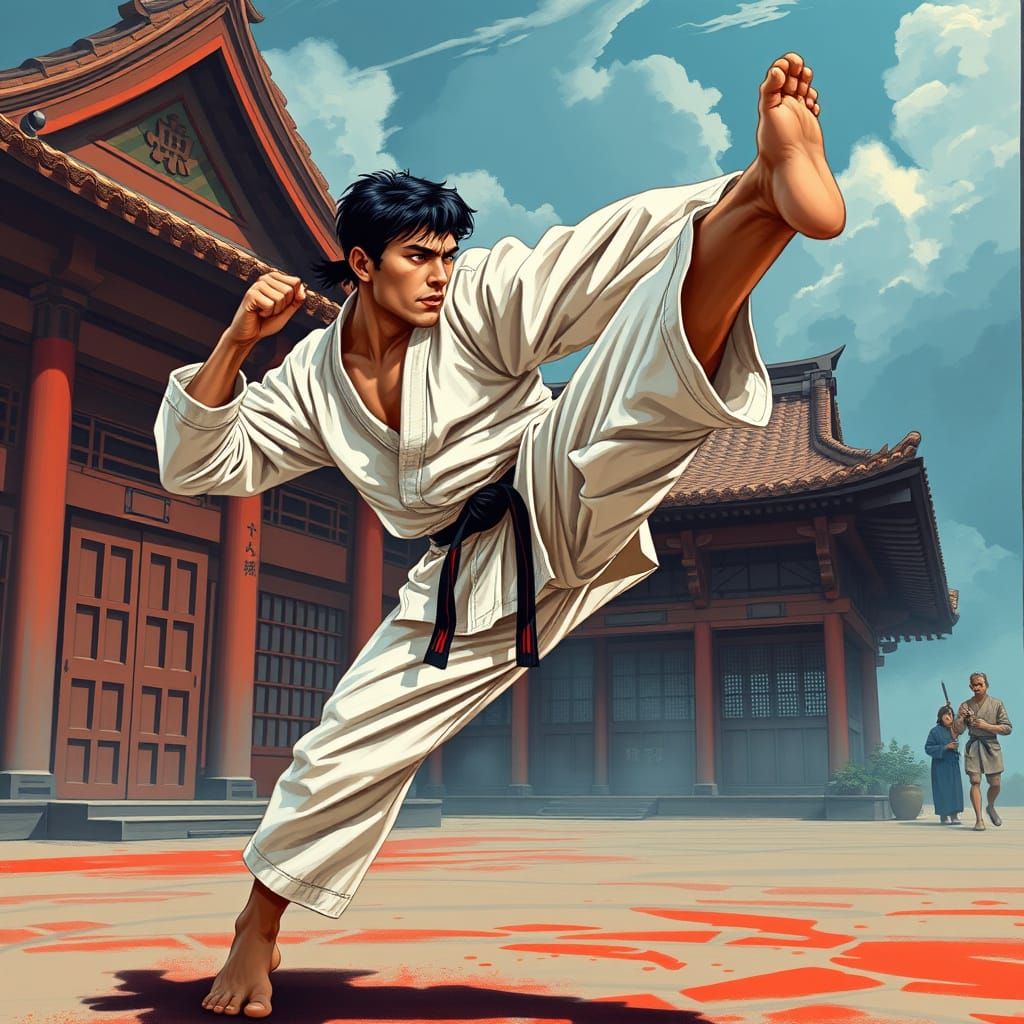Martial Artist Kick in Dojo - Comic Book Style